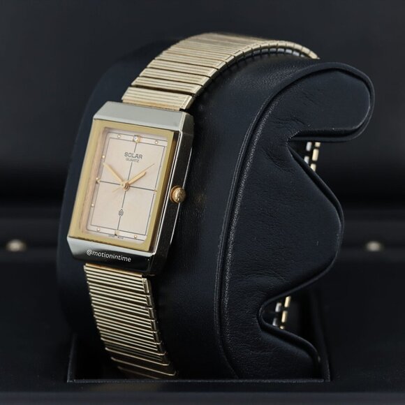Solar Quartz Vintage Rectangular Dial Gold Tone Watch - Picture 2 of 3